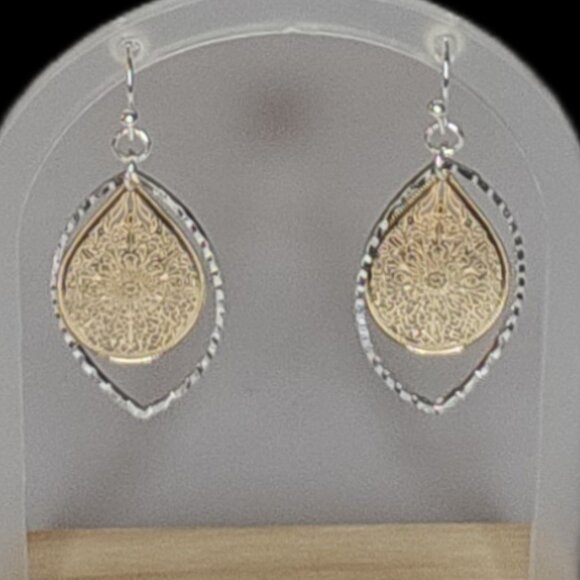 Hand-hammered Delicate Gold-Silver Filagree Open, Spinner Teardrop Earrings - Picture 9 of 15